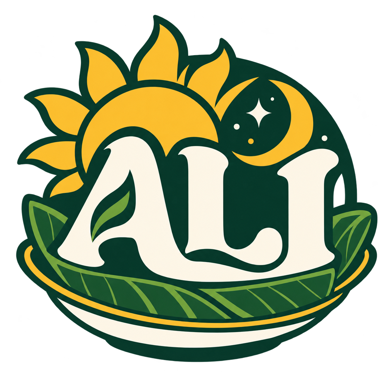 Logo ALI, matahari dan bulan di atas daun pisang